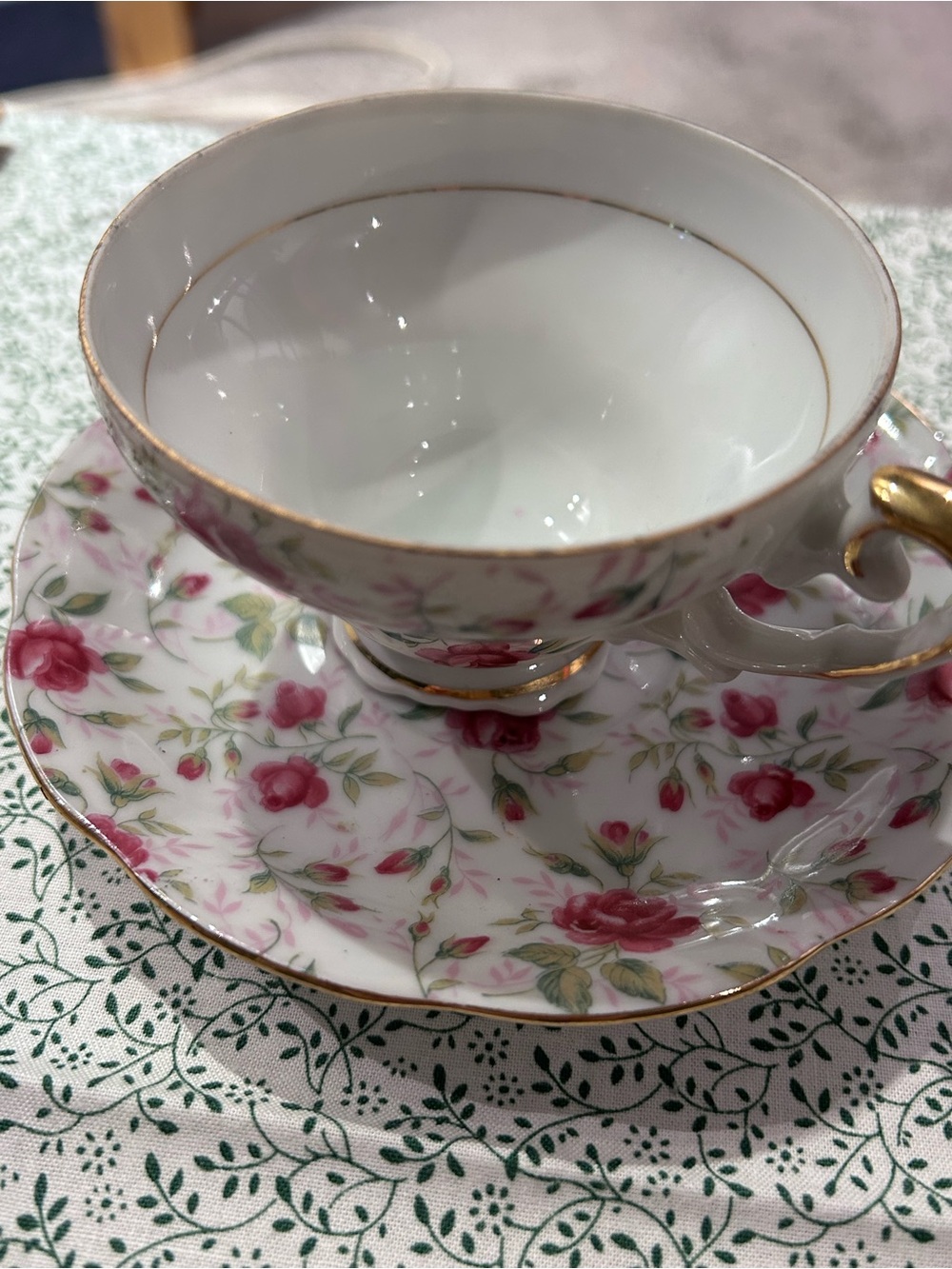 Lefton Classic Floral Pink Teacup and Saucer with Gold Trim